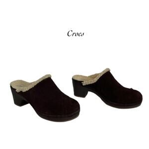 Crocs Sarah Luxe Womens Brown Faux Fur Lined Slip On Leather Mule Clog Size 8W